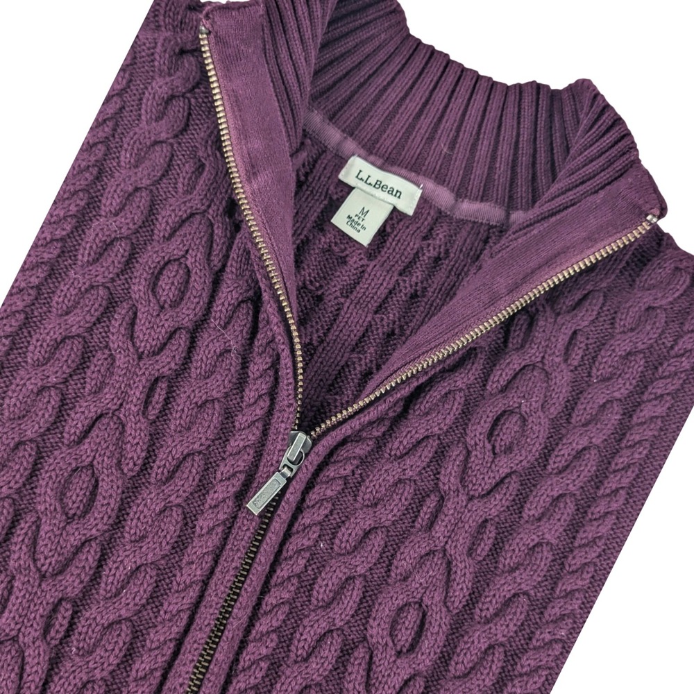 LL Bean Women MP Purple Cable Knit Full Zip Mock Neck Cardigan Sweater